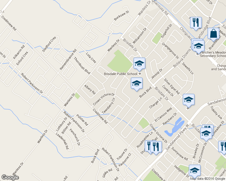 map of restaurants, bars, coffee shops, grocery stores, and more near 4 Cloverlawn Street in Brampton