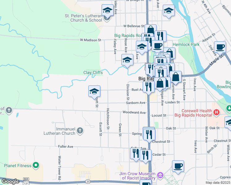 map of restaurants, bars, coffee shops, grocery stores, and more near 425 Rust Avenue in Big Rapids