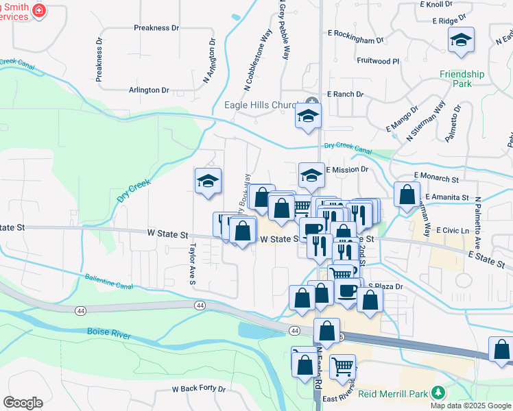 map of restaurants, bars, coffee shops, grocery stores, and more near 245 Eagle Glen Lane in Eagle