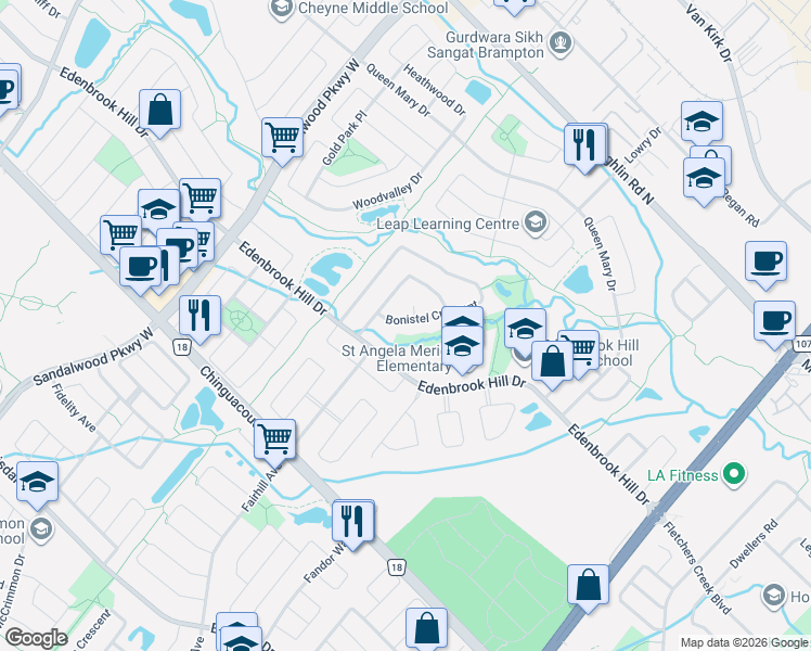 map of restaurants, bars, coffee shops, grocery stores, and more near 148 Bonistel Crescent in Brampton