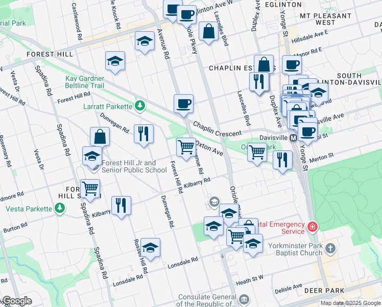 map of restaurants, bars, coffee shops, grocery stores, and more near in Toronto