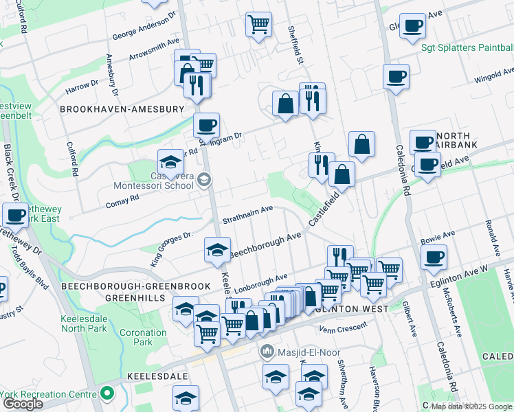 map of restaurants, bars, coffee shops, grocery stores, and more near in Toronto
