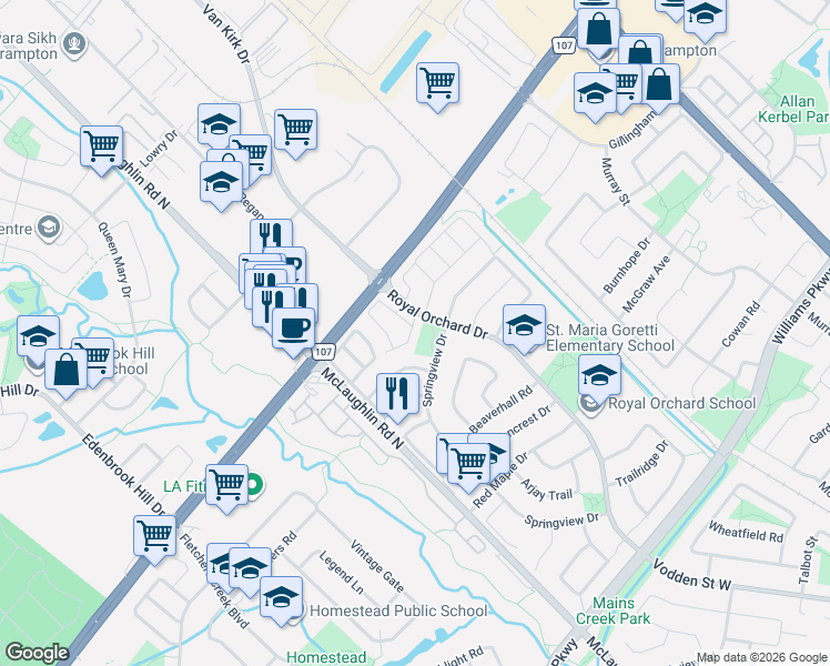map of restaurants, bars, coffee shops, grocery stores, and more near 19 Spadina Road in Brampton