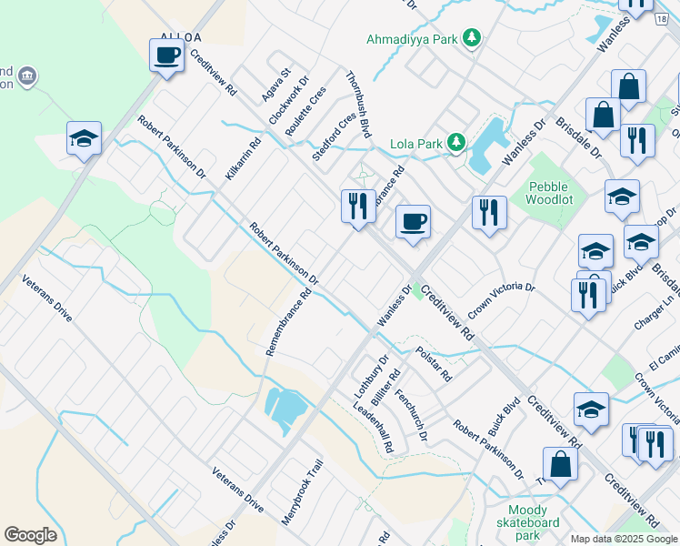 map of restaurants, bars, coffee shops, grocery stores, and more near in Brampton
