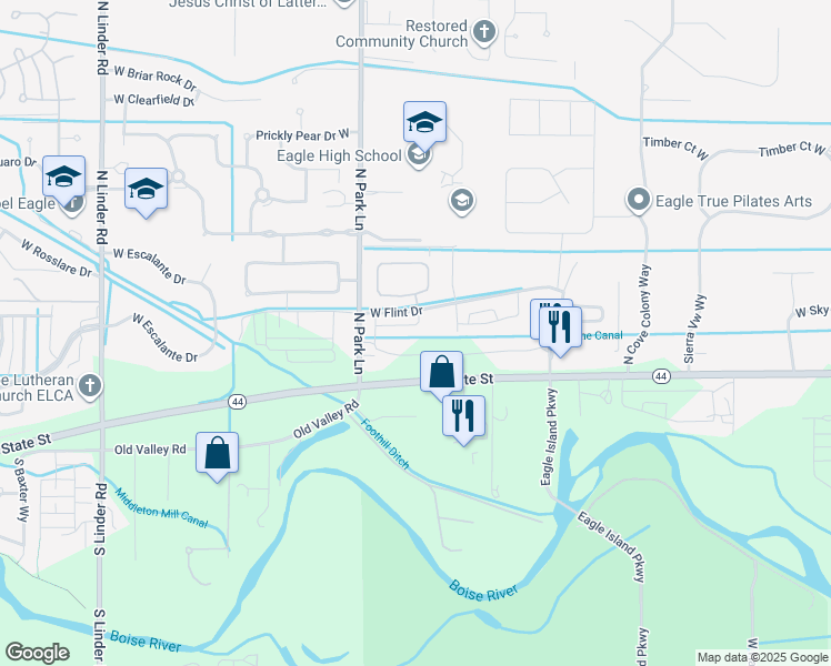 map of restaurants, bars, coffee shops, grocery stores, and more near 3851 West Crossley Drive in Eagle