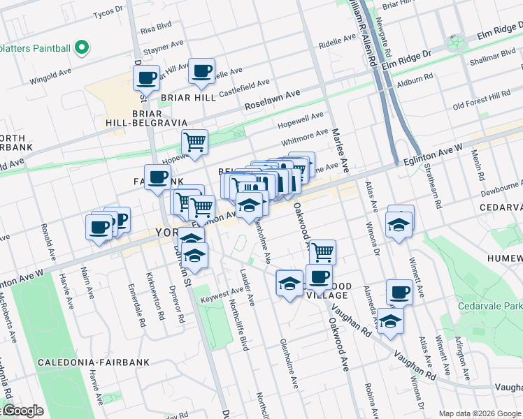 map of restaurants, bars, coffee shops, grocery stores, and more near 1653 Eglinton Avenue West in Toronto