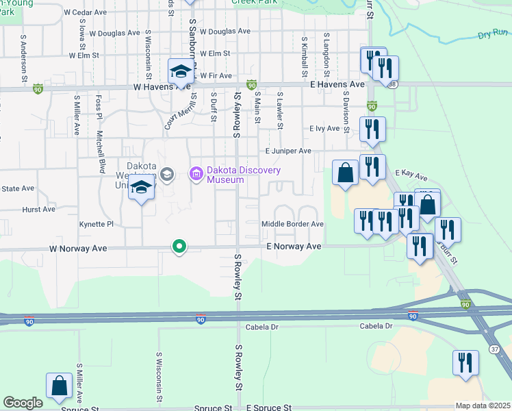 map of restaurants, bars, coffee shops, grocery stores, and more near 1436-1456 South Main Street in Mitchell