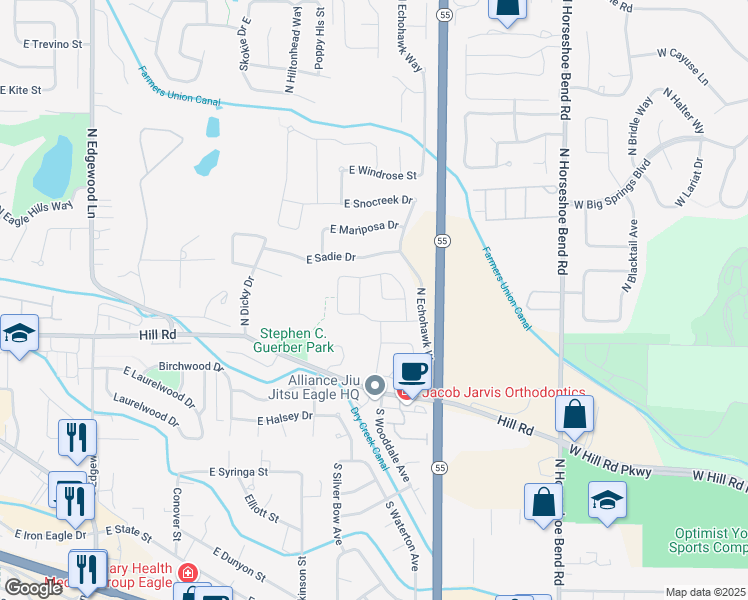 map of restaurants, bars, coffee shops, grocery stores, and more near 152 North Falling Water Avenue in Eagle