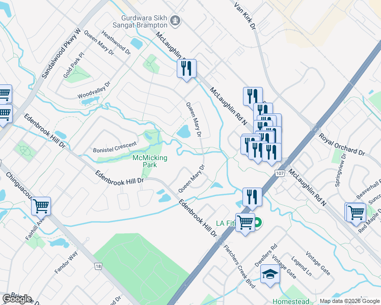 map of restaurants, bars, coffee shops, grocery stores, and more near 44 Briarcroft Road in Brampton