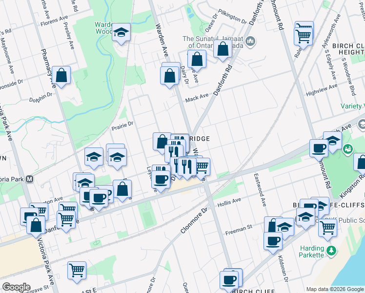 map of restaurants, bars, coffee shops, grocery stores, and more near 15 McDonald Avenue in Toronto