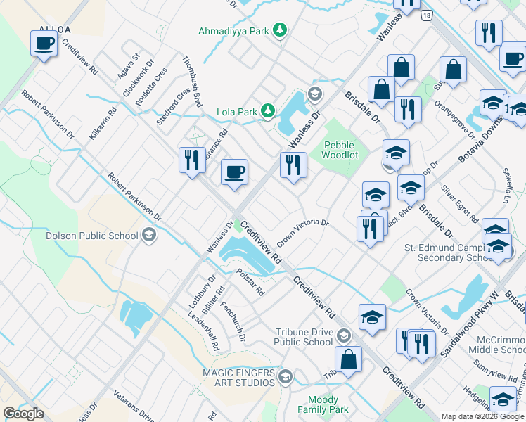 map of restaurants, bars, coffee shops, grocery stores, and more near 16 Albery Road in Brampton