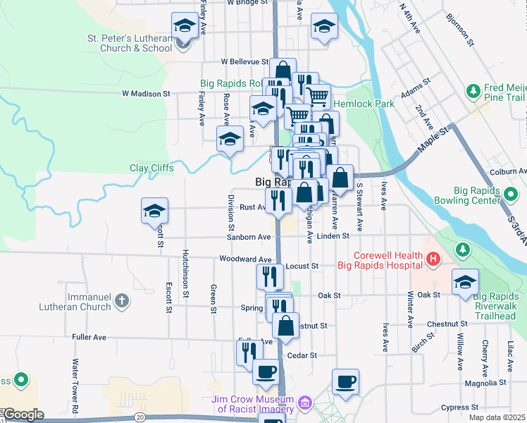 map of restaurants, bars, coffee shops, grocery stores, and more near 115 Rust Avenue in Big Rapids