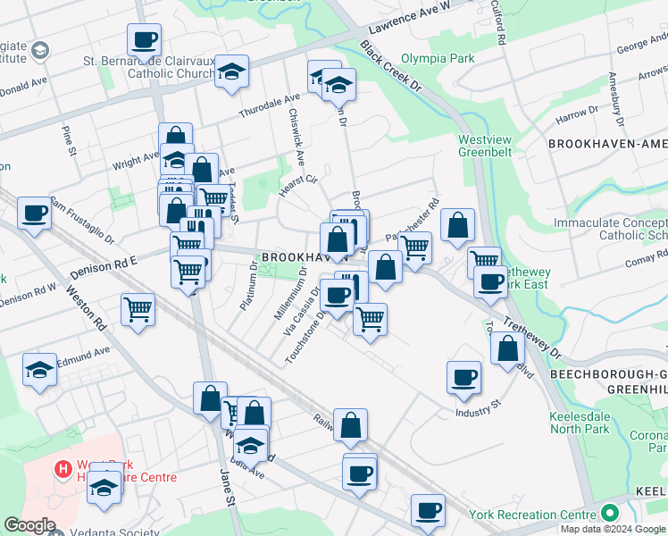 map of restaurants, bars, coffee shops, grocery stores, and more near 110 Via Cassia Drive in Toronto