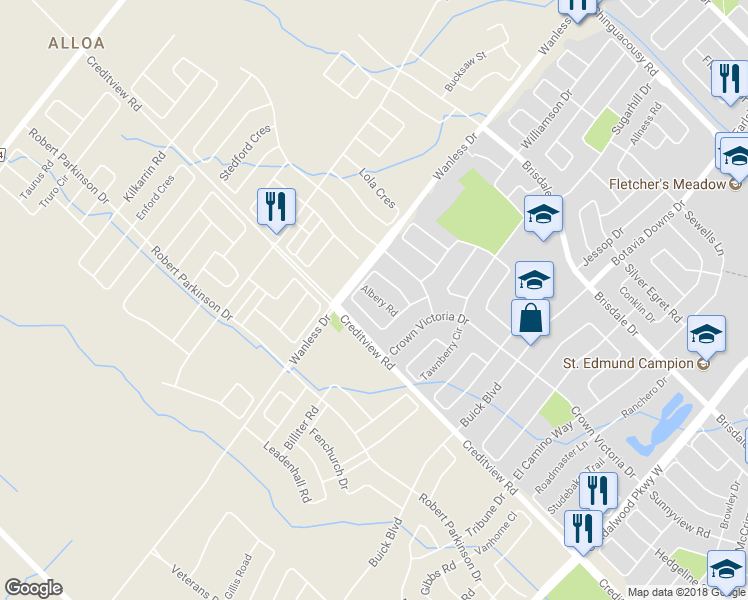 map of restaurants, bars, coffee shops, grocery stores, and more near 16 Albery Road in Brampton
