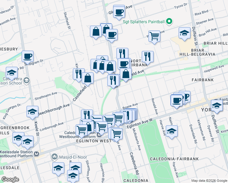 map of restaurants, bars, coffee shops, grocery stores, and more near in Toronto