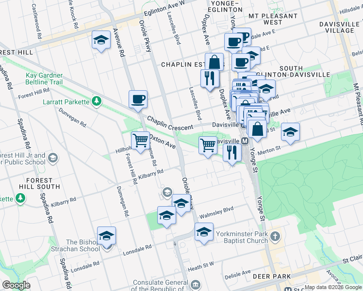 map of restaurants, bars, coffee shops, grocery stores, and more near 111 Oriole Parkway in Toronto