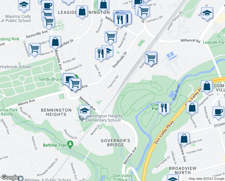 map of restaurants, bars, coffee shops, grocery stores, and more near 37 Leacrest Road in Toronto