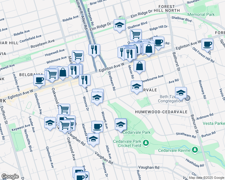 map of restaurants, bars, coffee shops, grocery stores, and more near 187 Strathearn Road in Toronto