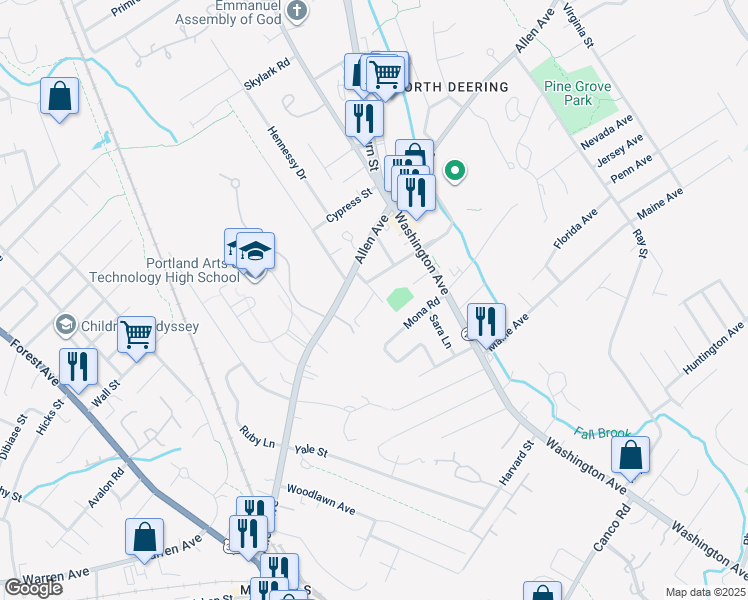 map of restaurants, bars, coffee shops, grocery stores, and more near 6 White Birch Lane in Portland