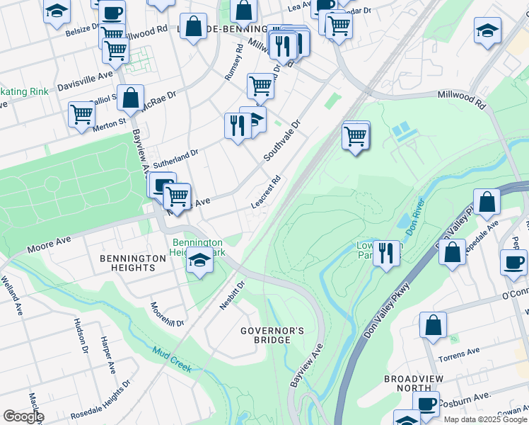 map of restaurants, bars, coffee shops, grocery stores, and more near 37 Leacrest Road in Toronto