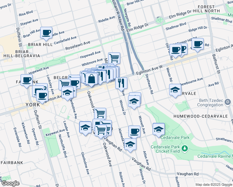 map of restaurants, bars, coffee shops, grocery stores, and more near in Toronto