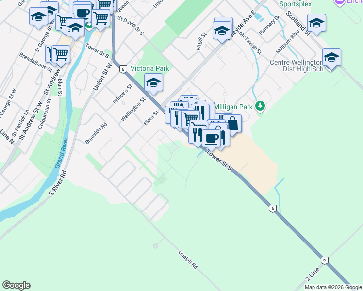 map of restaurants, bars, coffee shops, grocery stores, and more near 823 Tower Street South in Fergus