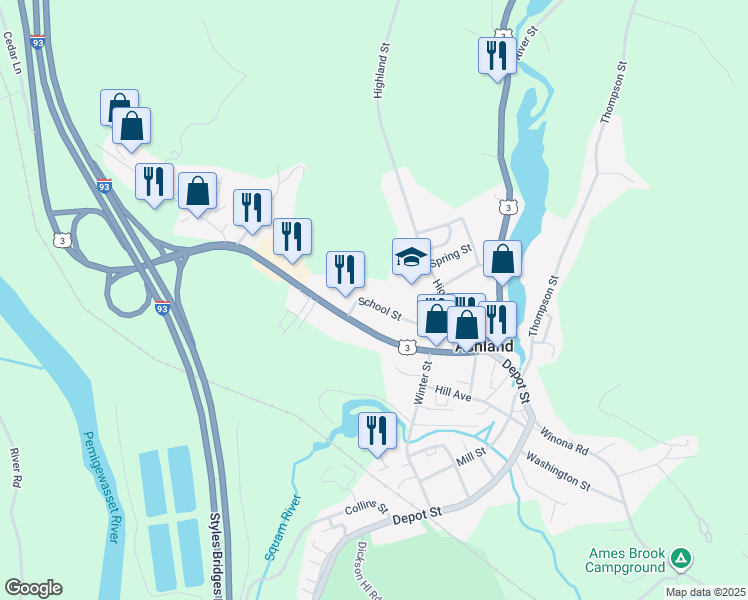 map of restaurants, bars, coffee shops, grocery stores, and more near 22 Spring Street in Ashland