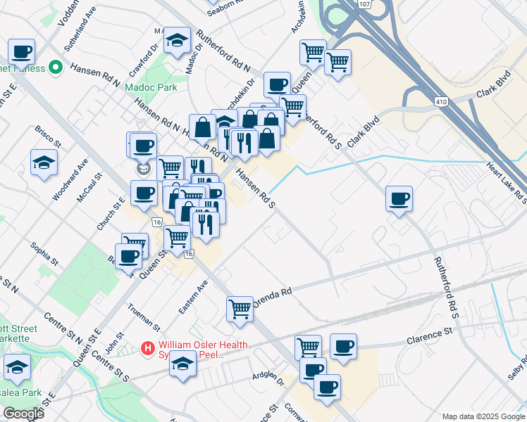 map of restaurants, bars, coffee shops, grocery stores, and more near in Brampton