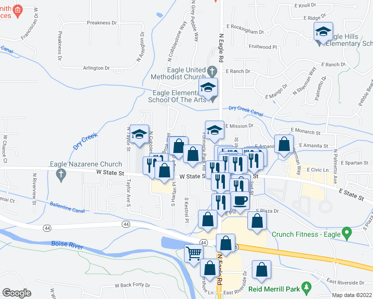 map of restaurants, bars, coffee shops, grocery stores, and more near 272 Eagle Glen Lane in Eagle