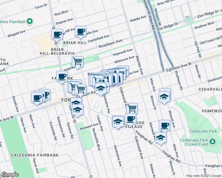 map of restaurants, bars, coffee shops, grocery stores, and more near in Toronto