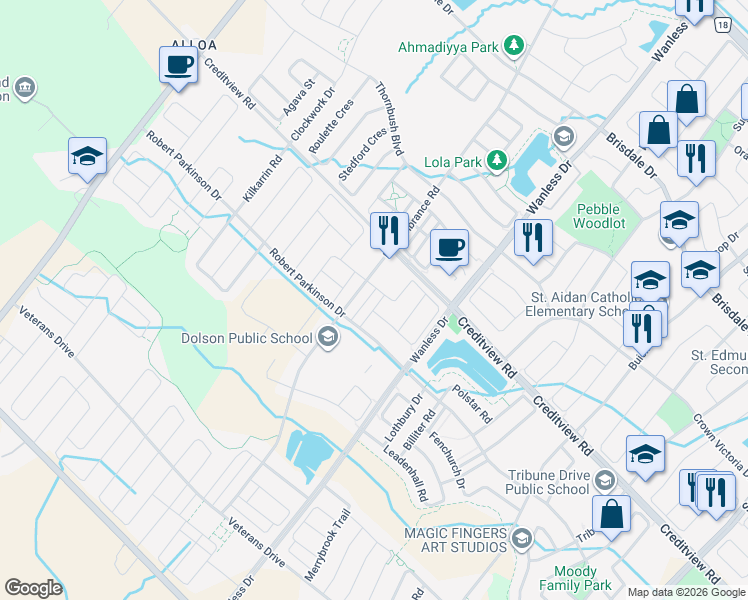 map of restaurants, bars, coffee shops, grocery stores, and more near in Brampton