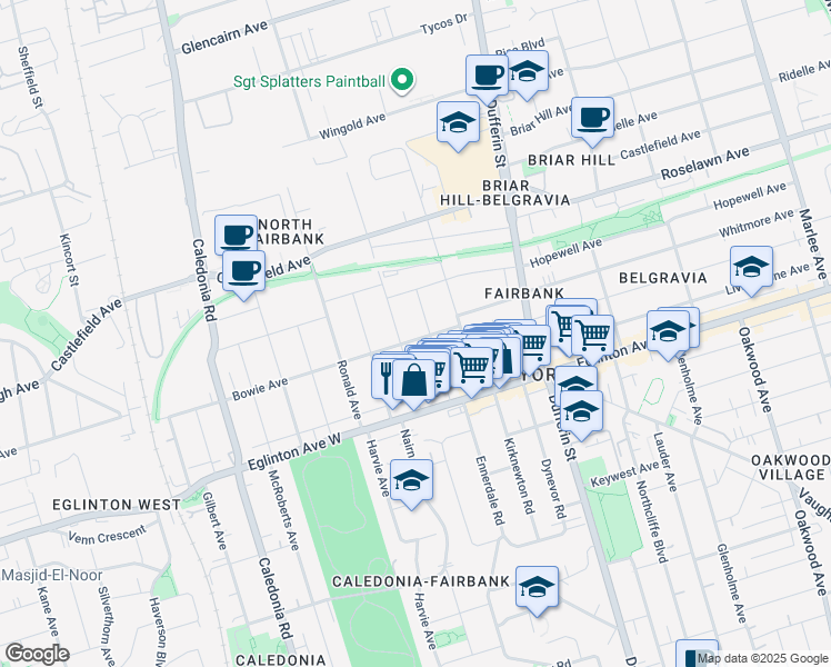 map of restaurants, bars, coffee shops, grocery stores, and more near 78 Bowie Avenue in Toronto
