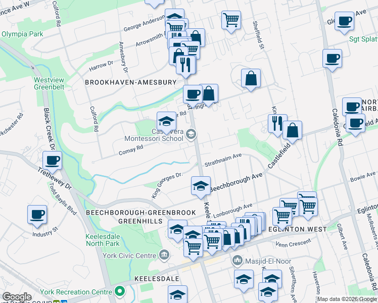 map of restaurants, bars, coffee shops, grocery stores, and more near 3 Greenbrook Drive in Toronto