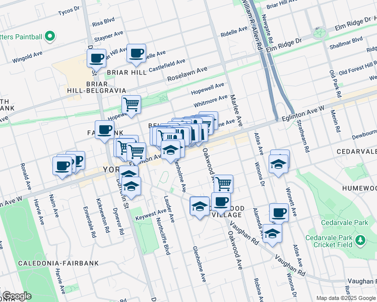 map of restaurants, bars, coffee shops, grocery stores, and more near in Toronto