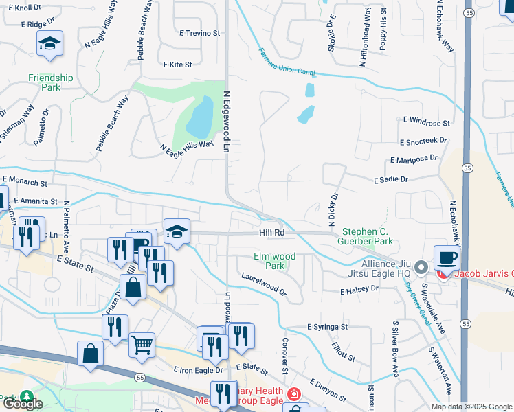 map of restaurants, bars, coffee shops, grocery stores, and more near 1700 Hill Road in Eagle