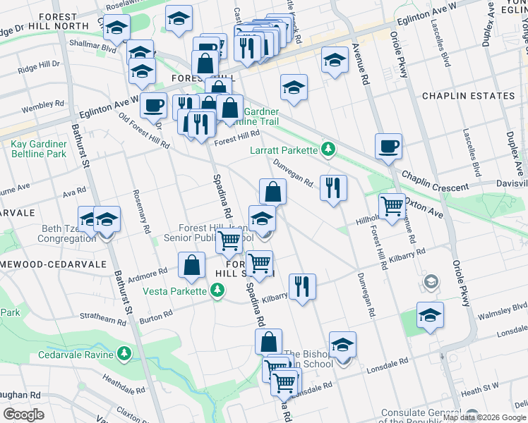 map of restaurants, bars, coffee shops, grocery stores, and more near 48 Old Forest Hill Road in Toronto