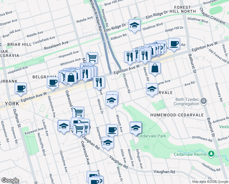 map of restaurants, bars, coffee shops, grocery stores, and more near 45 Gloucester Grove in Toronto