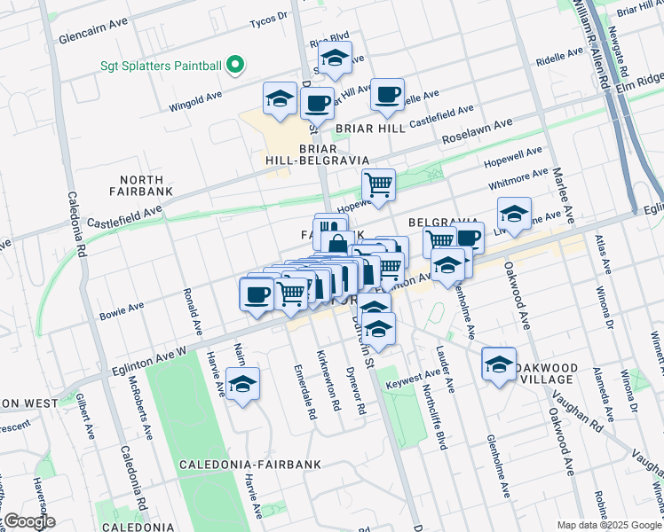 map of restaurants, bars, coffee shops, grocery stores, and more near 2402 Dufferin Street in Toronto