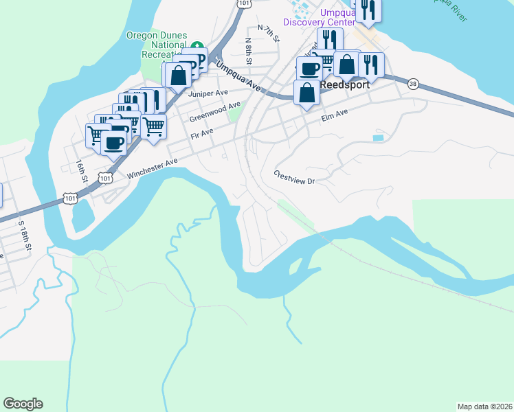 map of restaurants, bars, coffee shops, grocery stores, and more near 96 River Bend Road in Reedsport
