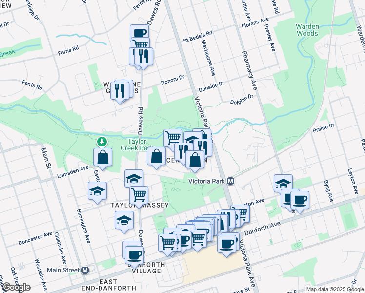 map of restaurants, bars, coffee shops, grocery stores, and more near 3 Massey Square in Toronto
