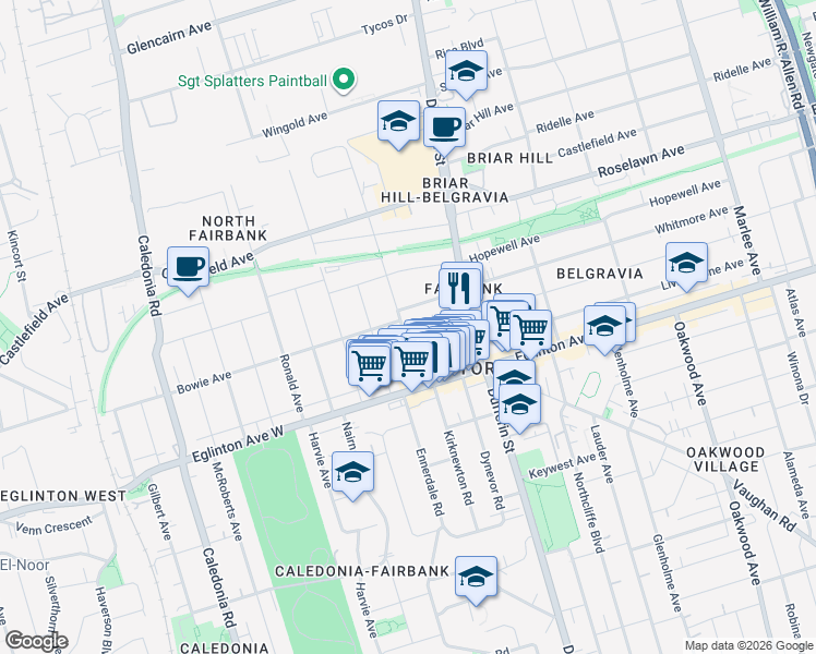 map of restaurants, bars, coffee shops, grocery stores, and more near 55 Fairbank Avenue in Toronto