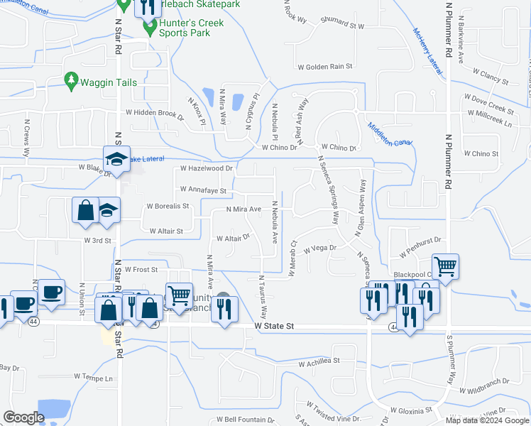 map of restaurants, bars, coffee shops, grocery stores, and more near 10487 West Capella Street in Star