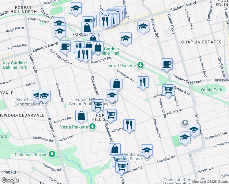 map of restaurants, bars, coffee shops, grocery stores, and more near 48 Old Forest Hill Road in Toronto