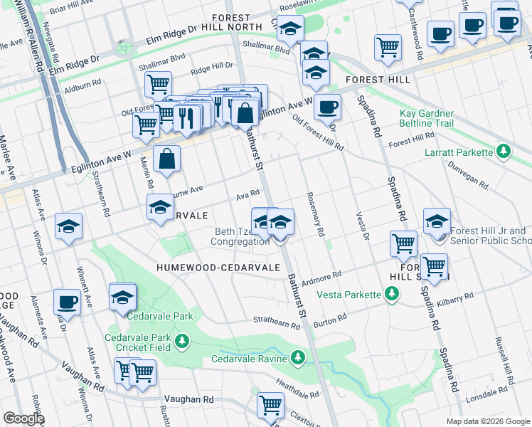 map of restaurants, bars, coffee shops, grocery stores, and more near 14 Peveril Hill South in Toronto