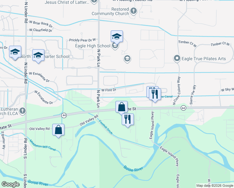 map of restaurants, bars, coffee shops, grocery stores, and more near 3851 West Crossley Drive in Eagle