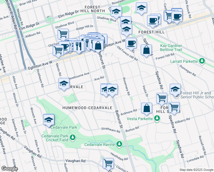 map of restaurants, bars, coffee shops, grocery stores, and more near 1840 Bathurst Street in Toronto