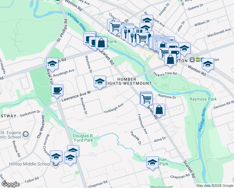 map of restaurants, bars, coffee shops, grocery stores, and more near 18 Mountbatten Road in Toronto