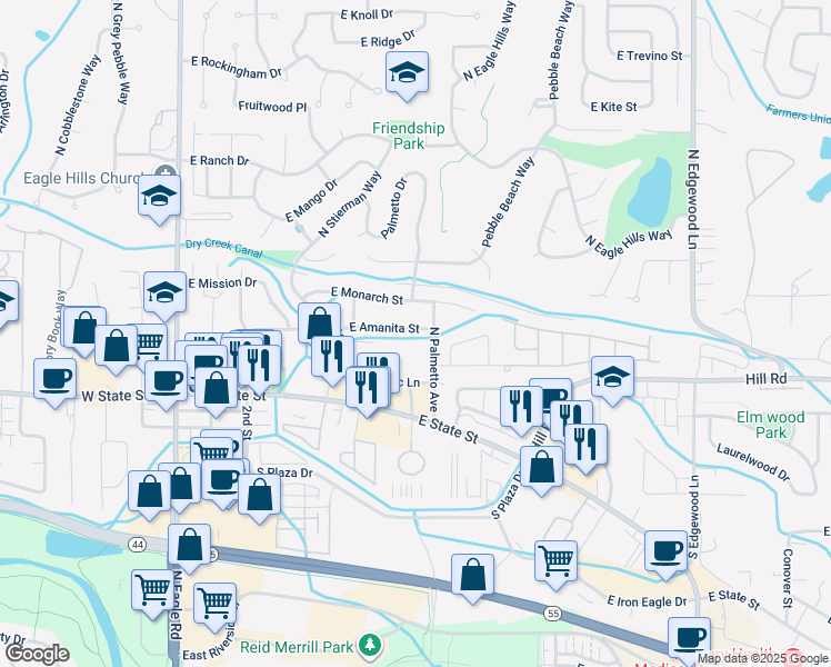 map of restaurants, bars, coffee shops, grocery stores, and more near 757 East Amanita Street in Eagle