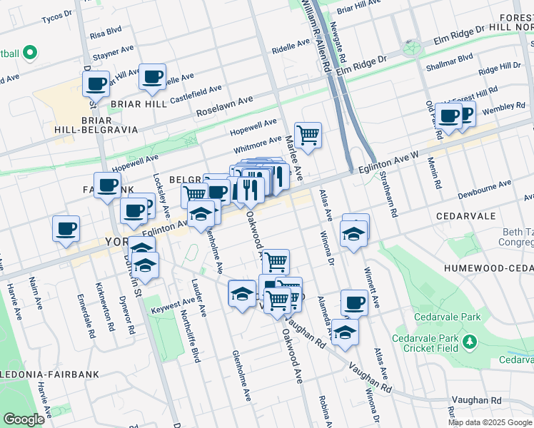 map of restaurants, bars, coffee shops, grocery stores, and more near in Toronto
