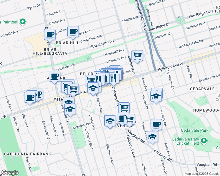 map of restaurants, bars, coffee shops, grocery stores, and more near in Toronto